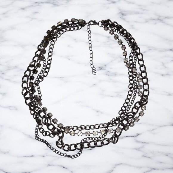Vintage Victorian Layered Gunmetal Chain Necklace Clear Rhinestones Multi-strand - Picture 1 of 7